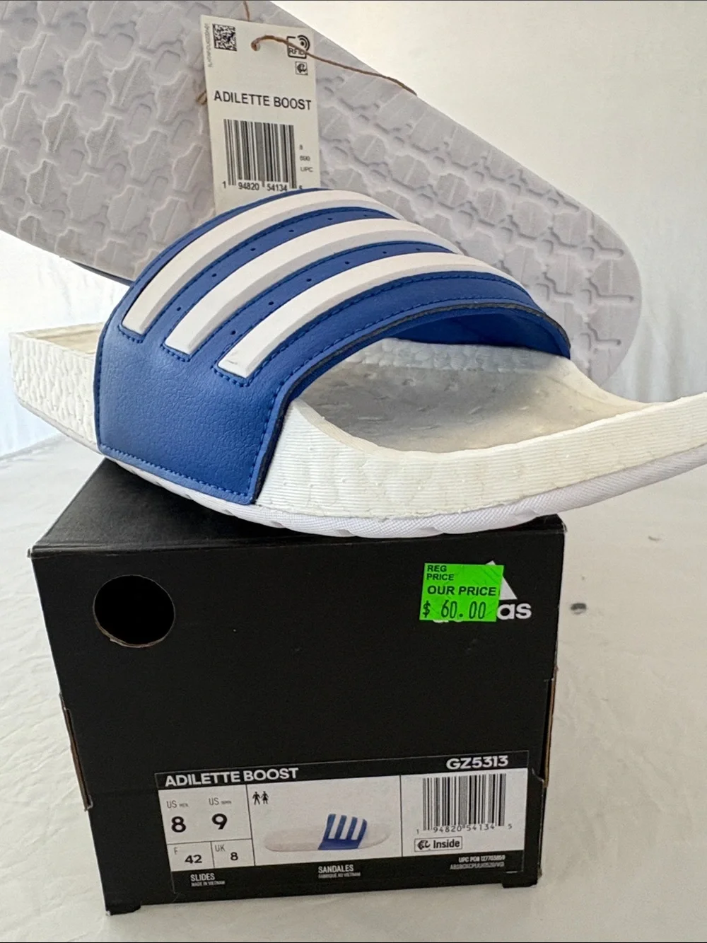 New Adidas Men’s Adilette Boost Slide Sandals - Blue/White Size 8 m / 9 w